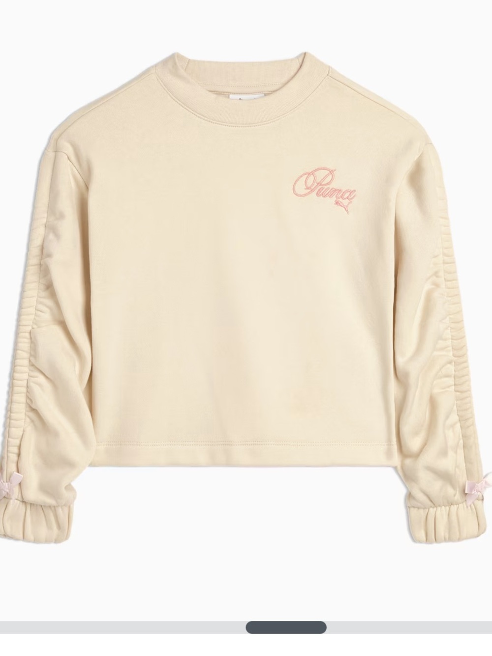 PUMA Satin Bow society 4 ruched long sleeve alpine snow sweatshirt